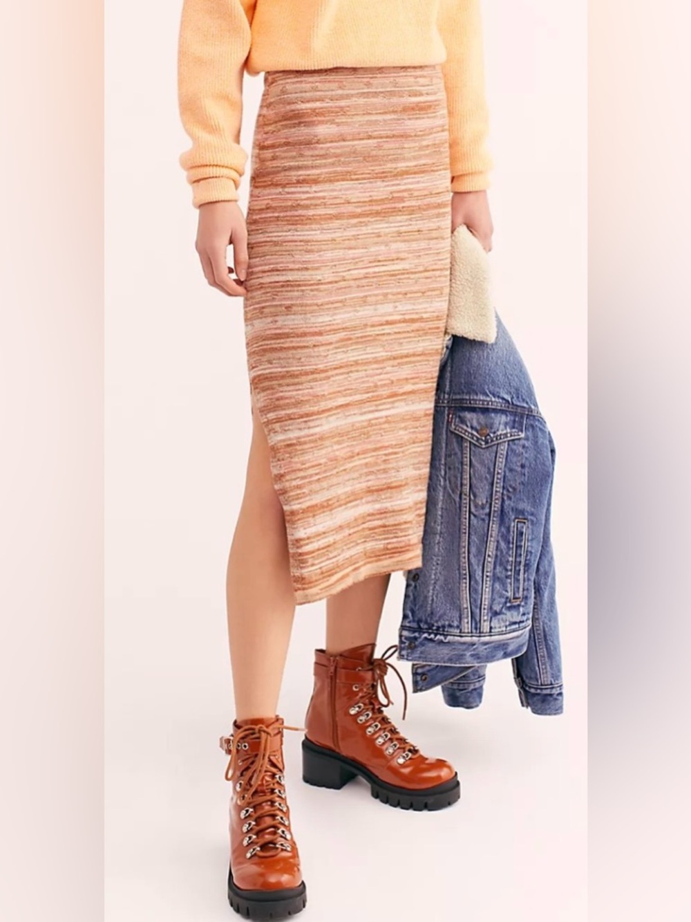 Free People Peach Multistripe Ribbed Midi Skirt